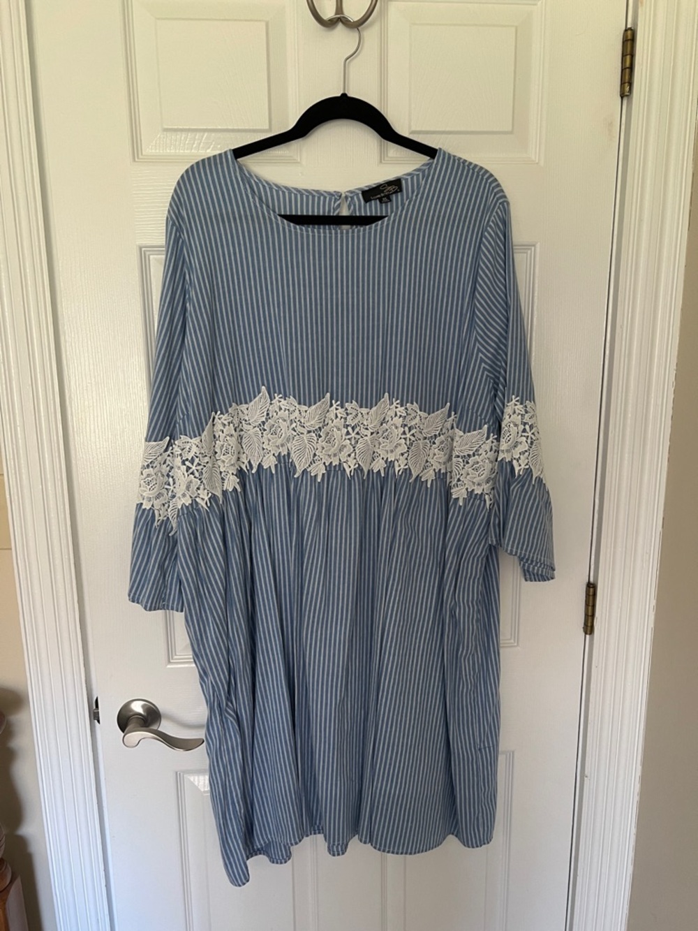Suzanne Betro Light Blue Striped Dress with White Lace Trim